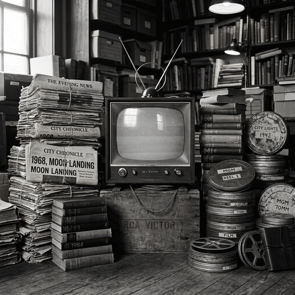 Retro television with antenna surrounded by stacks of newspapers, old books, and labeled film reels