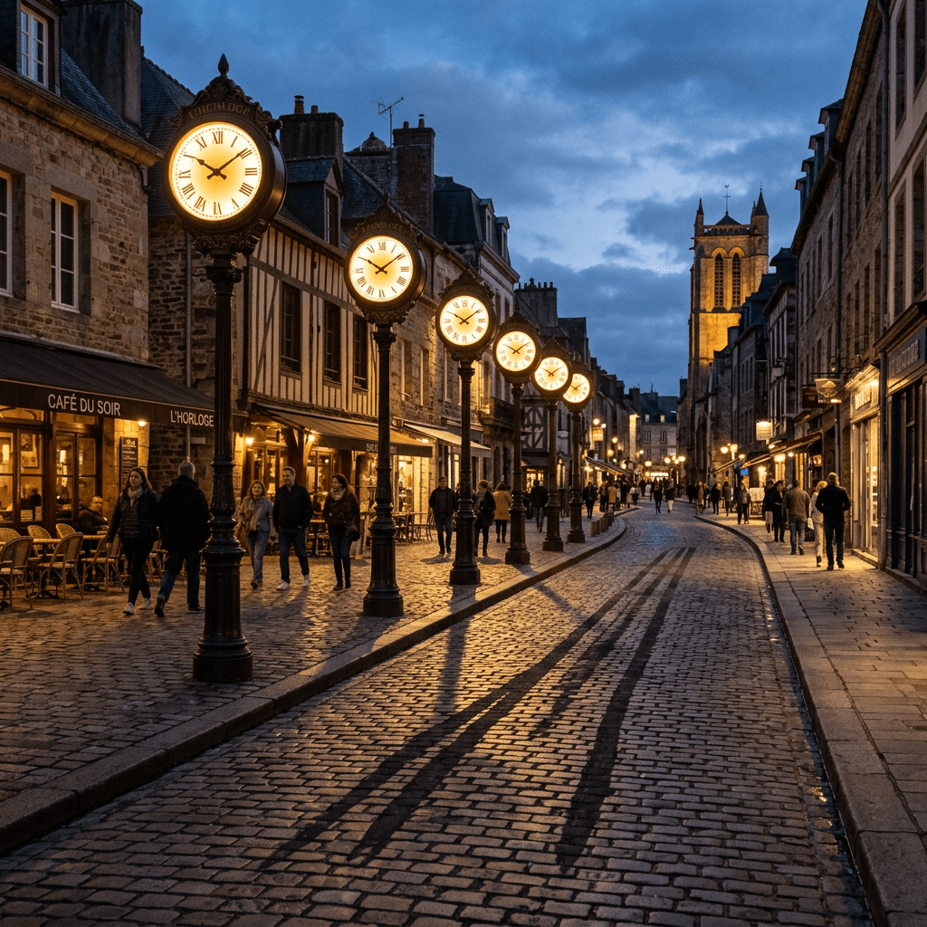 Cobblestone street with vintage illuminated clocks and pedestrians during twilight