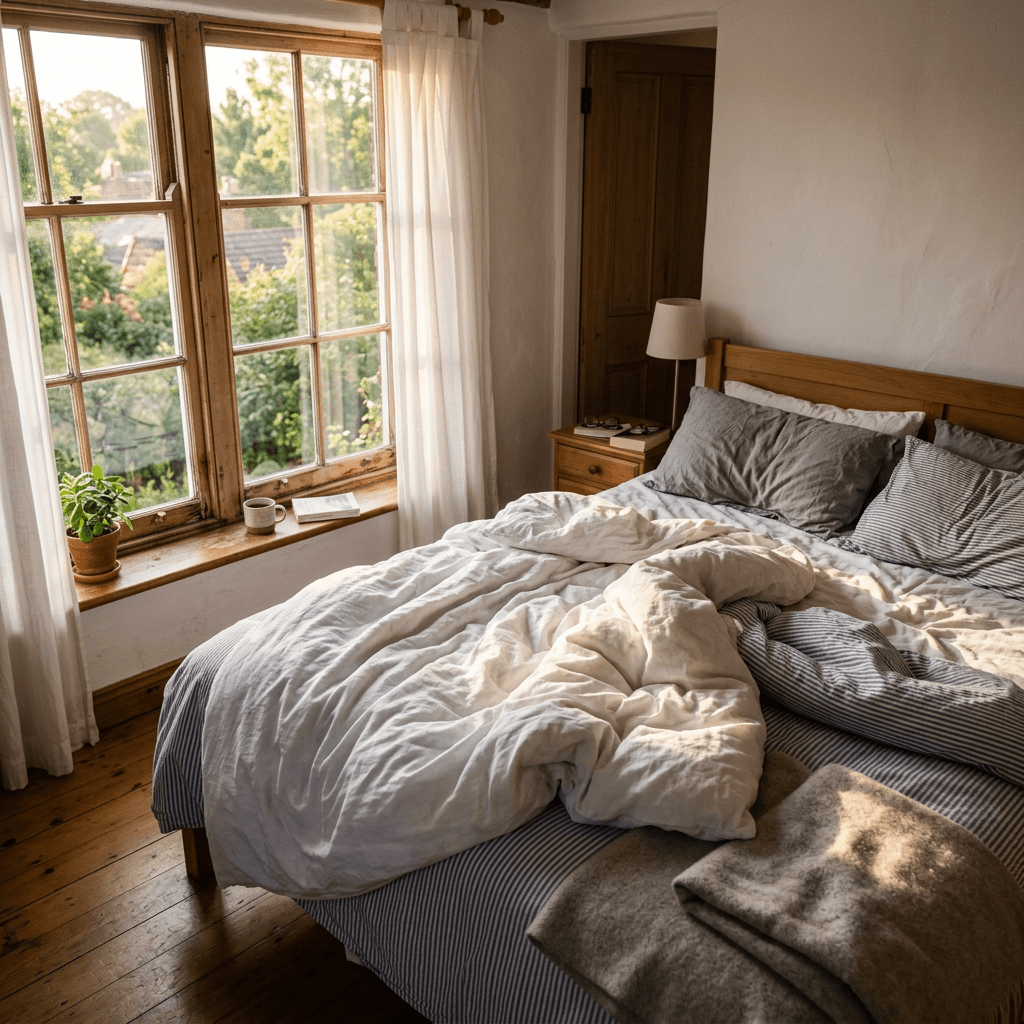 Bedroom with unmade bed, wooden furniture, and sunlight through window
