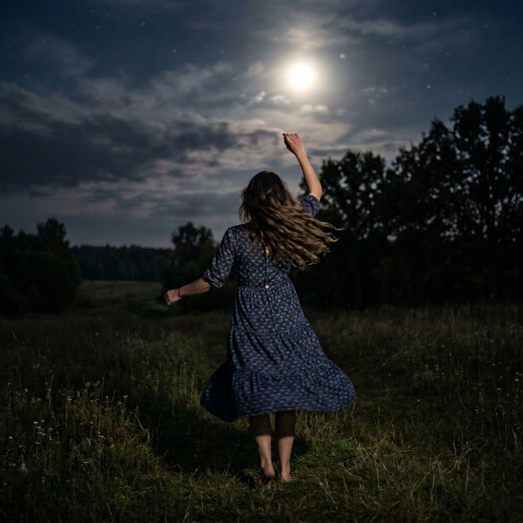 Woman dancing barefoot in a meadow under a bright moon